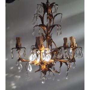 Chandelier In Gilded Metal, Palette And Cut Glass, Design Circa 1970-80