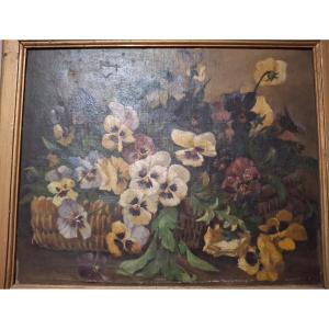 Painting, Oil On Canvas, Flowers, Pansies, Signed Miller, Early 20th Century