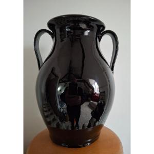 Black Glazed Earthenware Amphora Vase, Biot, Circa 1960-70