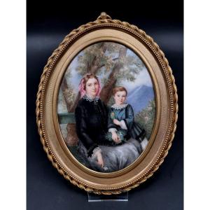 Large Miniature On Porcelain Of A Mother And Her Child In A Landscape Beautiful Gilt Bronze Frame