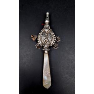 Mother-of-pearl And Silver Rattle Whistle With Four Bells