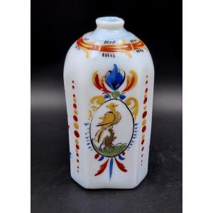 Bottle, Opaline Glass Bottle Decorated With Enamel Painting Of A Bird, Flowers And Scrolls
