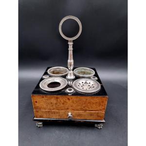 Empire Period Inkwell In Elm Veneer And Silver-plated Metal