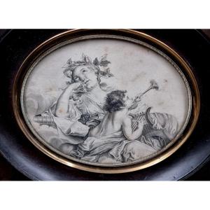 19th-century Drawing Depicting The Muse Erato Accompanied By A Musical Angel In Its Original Frame