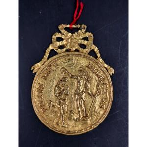 Gilt Bronze Baptismal Medal, Louis XVI Period, Depicting Jesus And St. John The Baptist  