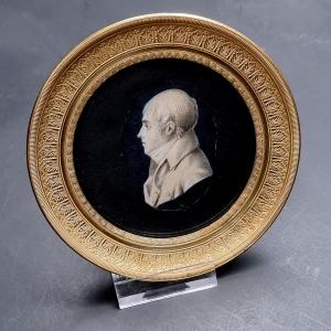 Miniature Portrait Of A Man In Grisaille In A Gilt Bronze Frame, 19th Century
