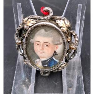 Silver Brooch With Miniature Portrait Of A French Soldier Ancien Régime Louis XVI