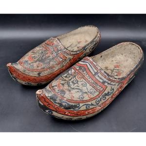 Pair Of Atypical Clogs Decorated With Flowers And Foliage