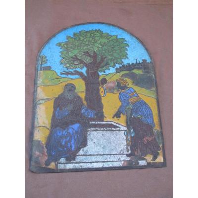 Plate Copper Enamels Champlevés Decor Of A Woman At The Fountain City In Background