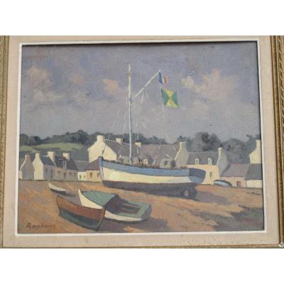 Table Oil On Panel View Of A Breton Port Brittany Signed Raylinat (raymond Goulinat)