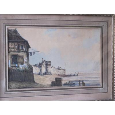 Old Houses And Boats By The Sea, Watercolor Gouache Attributed Eugène Isabey