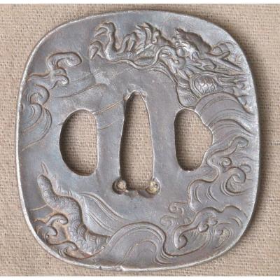 Tsuba Japon Iron Signed Dragon Decor In The Clouds Waves