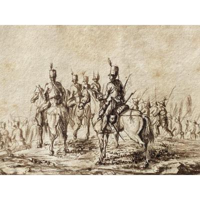 Ink Drawing Empire Battle Scene Under Napoleon Cavalier Uniform