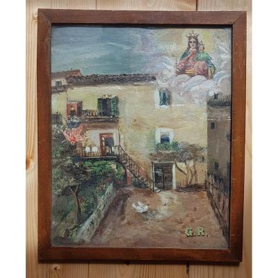 Ex-voto Signed Gr Character Falling From A Balcony Thank You To The Virgin And Child