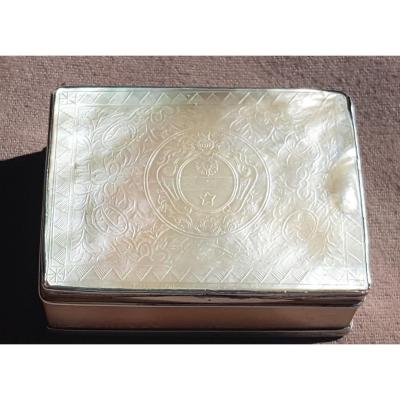 Box In Mother Of Pearl Armorial Helmet, Cross Of Saint Louis Soleil Star Fascia Silver Mount