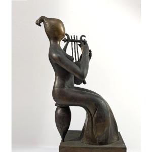 Surrealist Harpist - Bronze Japan By R. Kawahara 1932-2012 #679
