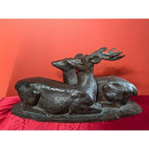 Stag And Doe - Imposing Bronze Group - 63 Cm - 1958 - #748