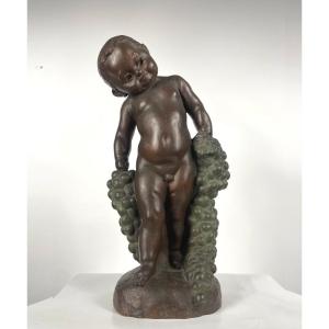 Putto Or Bacchus With Grapes - Bronze 1930-50 By Uichi Ogura #454