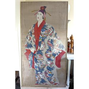 Japanese Woman In A Floral Kimono - 198 X 107 Cm Gouache - Circa 1970