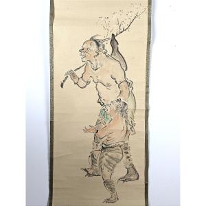 Two Japanese Demons - Gouache Kakemono After Ogata Gekko 1858-1920 #401