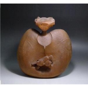 Character With Bird - Wooden Sculpture Circa 1970-80 #735