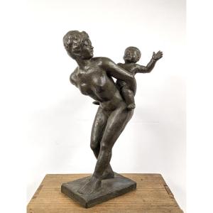 Mother And Child - Bronze, Circa 1960 By Sakuuchi Yamato #917