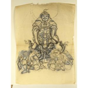 Set Of 5 Drawings On Silk Paper - Japan Circa 1900