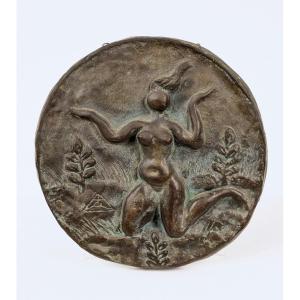 Nude In A Medallion - Bronze By Masaru Kinouchi 1892-1977 #485