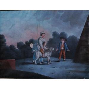 Gouache - End XVIII Eme - Family Portrait - 74 X 94 Cm