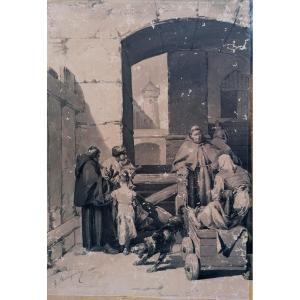 Gabriel Béringuier 1842-1913 - Lavis - Neo-medieval Animated Scene - Help For The Deprived -