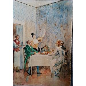 Noel Saunier 1847-1890 - Watercolor - Champagne Snack - 19th Century Period - 