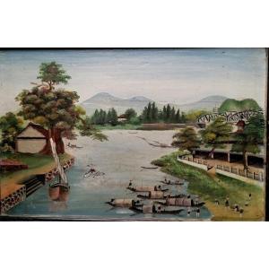 Oil On Panel - Vietnam - Métal Bridge In Hué - Perfume River -