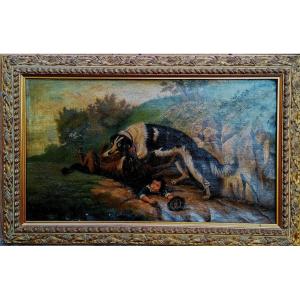 Gaston Barat 1883 - Dog Overcoming A Wolf To Save A Child - Oil On Canvas -