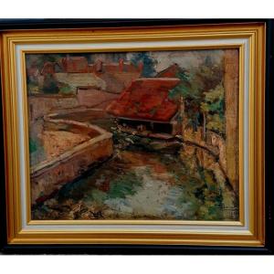 Oil On Panel - Signed And Dated - Washhouse In A Village - Post Impressionist - 20th Century -