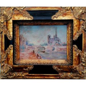 Henri Saint-clair - Notre Dame De Paris - Fishermen On The Banks Of The Seine - 20th Century - Oil On Panel