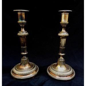 Pair Of Silver-plated Bronze Candlesticks In The Louis XVI Style - 18th Century