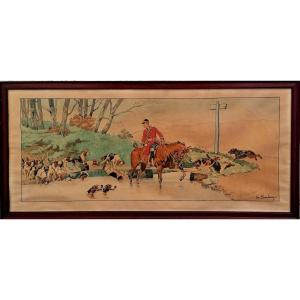 Charles De Condamy - Lithograph - The Ford - The Hunt - 48 X 109 Cm Visible -