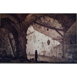 Ink Wash On Laid Paper - Animated Scene In The Ruins - Signature - 18th - 19th Century