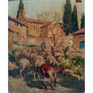 Marcel Carron - Beziers - Occitanie - Pierrerue - Landscape - Flock - Salon 1953 - Hst -