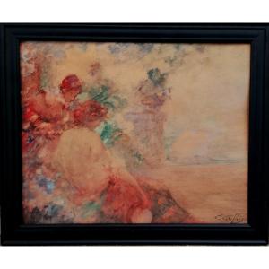 Gabriel Griffon 1866-1938 - Watercolor - Serenade In A Park - Toulouse School - 19th-20th Century -