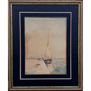 Alphonse Rey - Watercolor - Marine - View Of A Port - Mediterranean Sea - 1/2 -