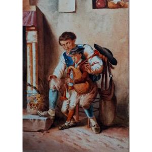 Watercolor - Biniou's Lesson - Brittany - Quimper - 20th Century -