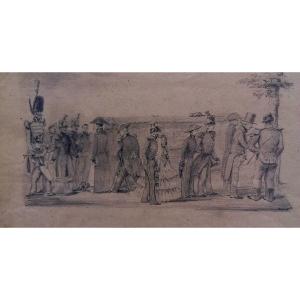 Drawing - Lead Pin - Parade - Fan - Scene Of Life - 19th Century -