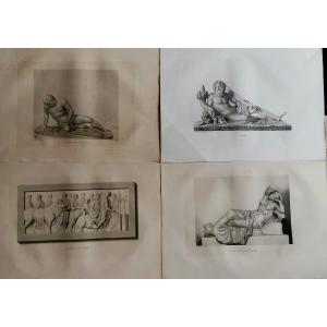 Four Mythological Engravings 20/60 - The Tiber - Cleopatra - Gladiator - Sacrifices - 19th Century -
