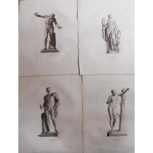 Four Mythological Engravings 56/60 - Venus - Apollo - Sextus Pompee - Fauna - 19th Century -