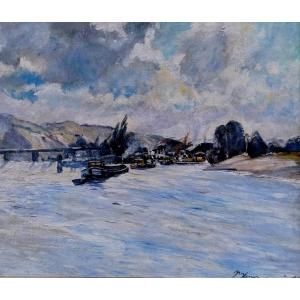 Oil On Canvas - School Of Rouen - Banks Of The Seine? River Landscape - Early 20th Century - Signed -