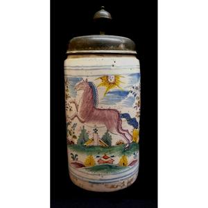 Earthenware And Pewter Mug - Dated 1778 And Monogrammed - Horse In A Landscape - Germany -