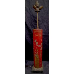 Carcel Lamp - Painted Tin - Empire Period - Gold Decoration On A Red Background - In Original Condition - 