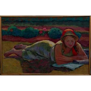 Denise Touze - Reading In The Sun - Oil On Canvas - Circa 1930-1940 - Nabis Or Fauvism School
