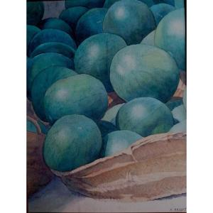 Alain Masset - Watercolor - Still Life With Watermelons - 20th Century -